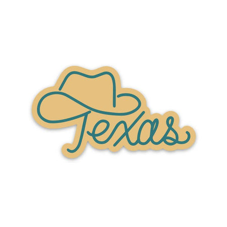 Yellow sticker with blue script text saying, “Texas”. The top of the T has an outline of a cowboy hat.