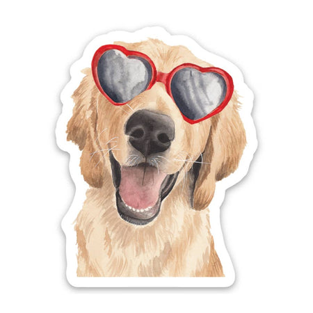 Sticker in the image of a tan golden retriever dog wearing red heart sunglasses.