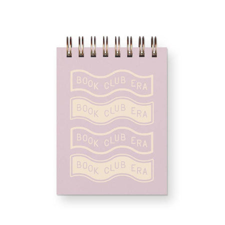 Purple notepad with images of 4 wavy banners saying, 