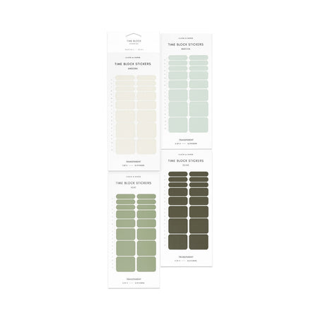 Rectangular and square sticky notes in ivory, mint green, moss green and olive green.