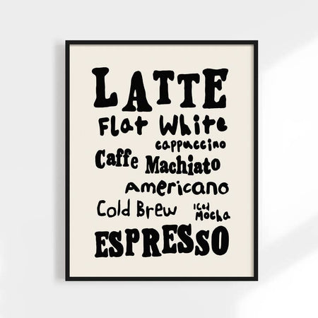 Ivory background with black text saying, “Latte Flat White Cappuccino Caffe Machiato Americano Cold Brew Iced Mocha Espresso”. 