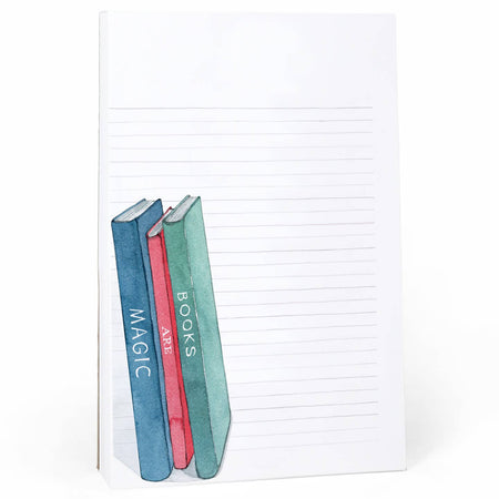 White lined notepad with image of three books in bottom left corner: blue, red and green books with white text on spines saying, “Books Are Magic”.