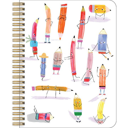 White notebook with images of various colored pencils on cover. Pencils have a faces, arms and legs. All doing different poses. Gold coil binding on left side.