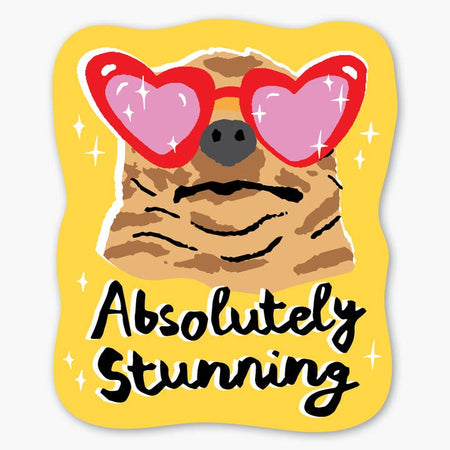 Yellow sticker with black text saying, “Absolutely Stunning”. Image of a brown dog wearing red and pink heart sunglasses.