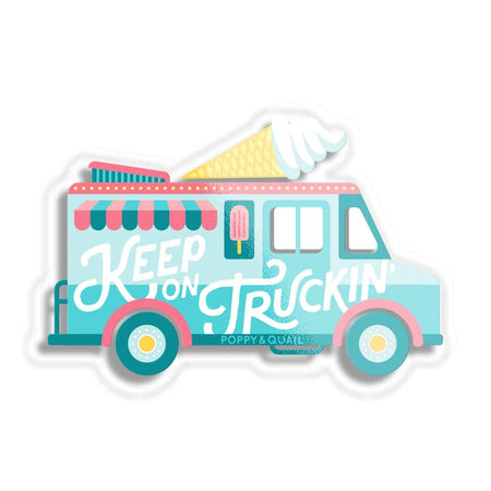 Sticker with image of a blue ice cream truck with white text saying, “Keep On Truckin’”.