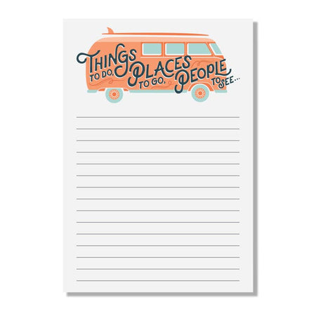 White lined notepad with a pink retro bus with navy text saying, “Things To Do, Places To Go, People To See”.