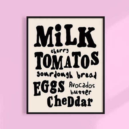 Ivory background with black text saying, “Milk Cherry Tomatoes Sourdough Bread Eggs Avocados Butter Cheddar”. 