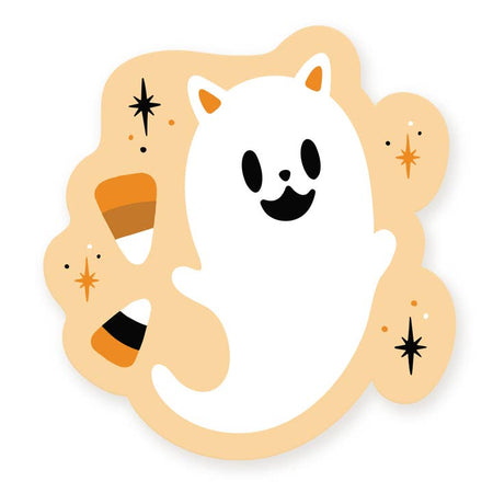 Tan sticker with image of a white cat ghost with candy corn and black stars.