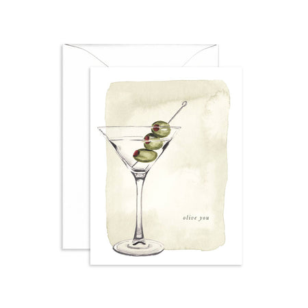 White card with off white inset with black text saying, “Olive You”. Image of a martini glass with toothpick olives in glass. A white envelope is included.