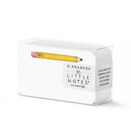 White small notecards with image of classic yellow pencil across top center. Rounded corners.