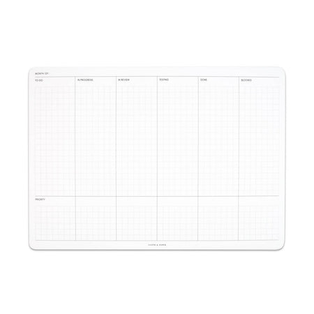 White desk notepad with space to fill in Month at top of sheet; Sections for To-Do, In Progress, In Review, Testing, Done, and Blocked. Bottom third of each section is noted for priority tasks and projects.