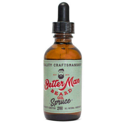 Small brown dropper bottle with green label with red and blue text saying, “Better Man Beard Oil Spruce”. Image of a man with blue hair and blue beard in top center.