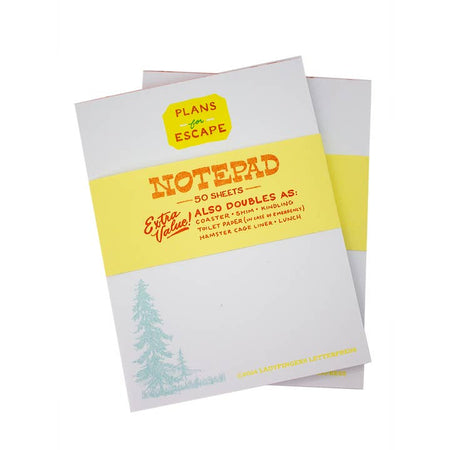 White notepad with images of a pine trees in a forest. Yellow box at tope with red text saying, “Plans for Escape”.