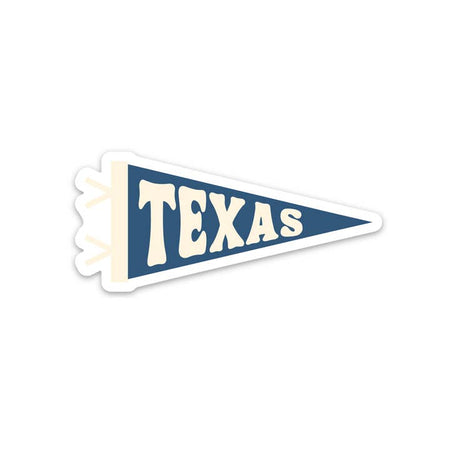 White flag pennant sticker with image of a blue flag with white text saying, “Texas”.