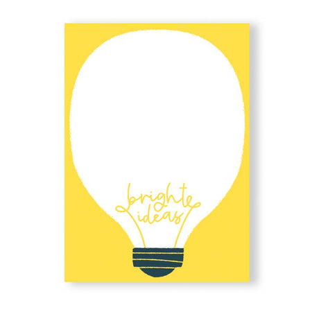 Yellow notepad with image of a white lightbulb in the center. Yellow text saying, “Bright Ideas”.