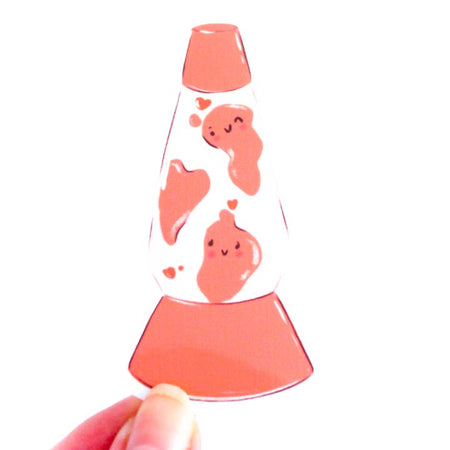 Sticker in the image of a lava lamp with pink bubbles with smiley faces on them.