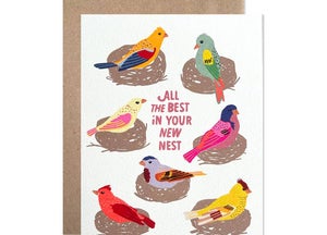 White card with images of various colored birds sitting in nests. Red text saying, 