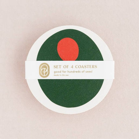 Coasters in the image of a green olive with a red pit.