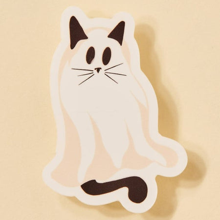 Sticker with image of a black cat dressed as a white ghost with its ears and tail sticking out.